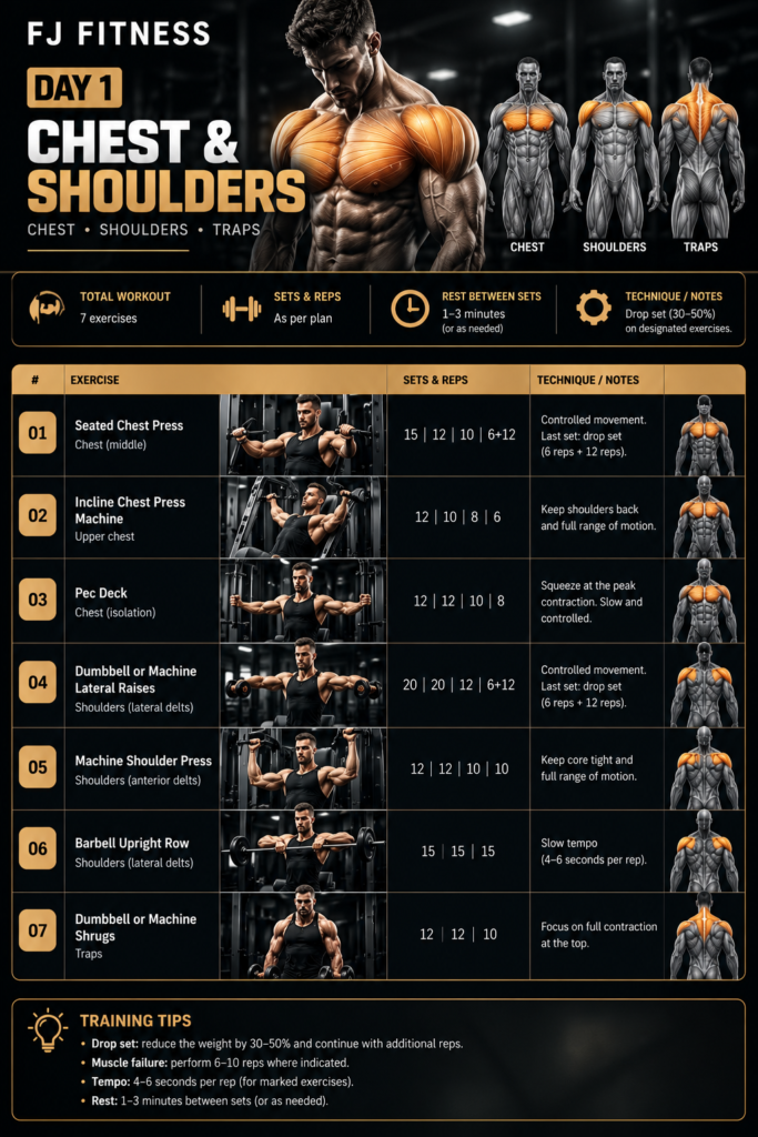 fj fitness chest and shoulders workout poster