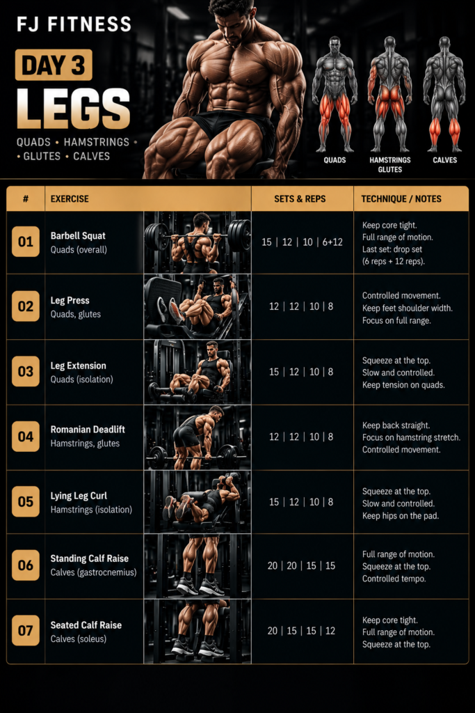fj fitness day 3 legs workout chart