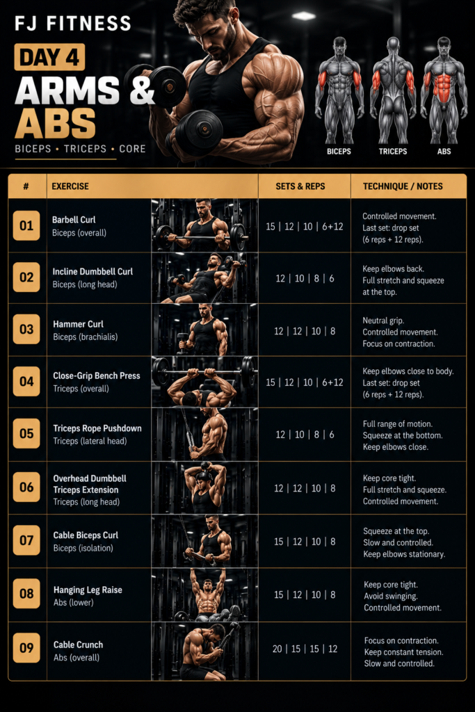 gold accented arms and abs workout poster