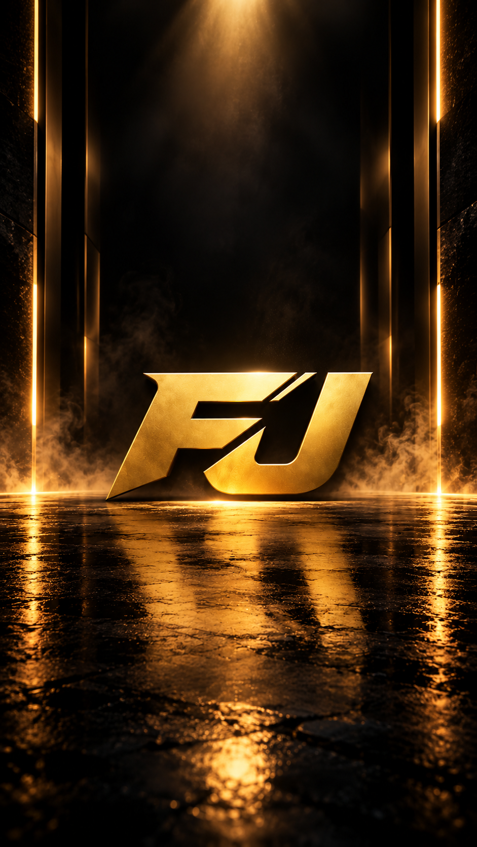ABOUT metallic fj logo in a golden haze